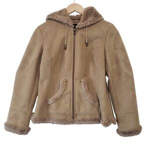 Vintage Y2K Jones New York‎ Faux Suede Sherpa Lined Hooded Jacket Coat XS Cozy